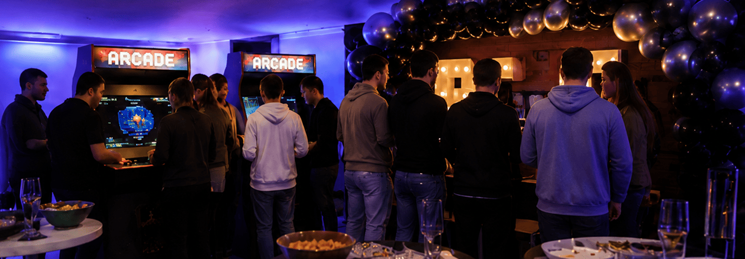 Area gioco con cinque cabinati arcade all'aperto durante un festival estivo